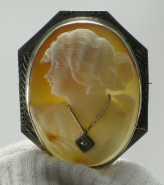 Antique 14k White Gold Cameo Pin Brooch With Diamond Necklace Details Victorian