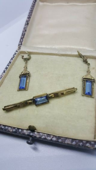 Art Deco Vintage Antique Earrings And Brooch Set Blue Stones