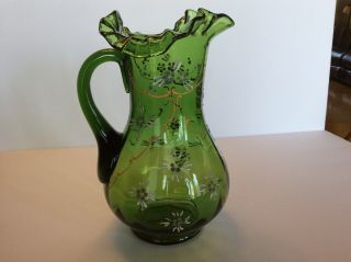 Antique Victorian Green Glass Pitcher Hand Painted,  Ruffled Rim