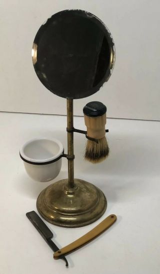 Antique Vintage E & J.  B Shaving Set On Stand W/mirror Cup Brush & Straight Razor