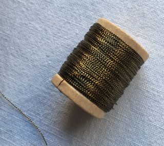 Wooden Spool Of Vintage Gold Metallic Thread Dark Color French