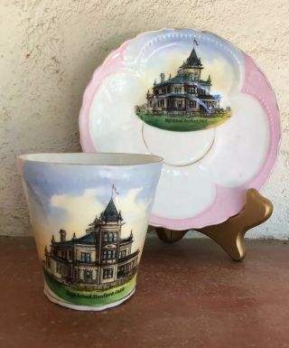 Antique Hanford Calif.  High School Victorian Building Cup Saucer Dresden China