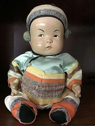 Antique 1930s Ming Ming Composition Chinese Baby Doll In Silk Clothes