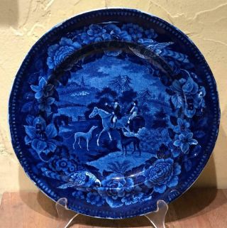 Antique Staffordshire Dark Blue Transfer Plate,  Hunting Scene - Horses,  Dogs