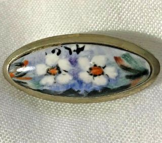 Antique Victorian White Metal Hand Painted Porcelain Flowers Floral Daisy Brooch