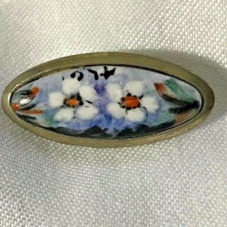 Antique Victorian White Metal Hand Painted Porcelain Flowers Floral Daisy Brooch 2