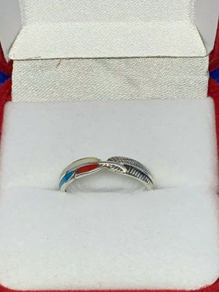 Antique Vintage Red White Blue Enamel Feather Sterling Silver 925 Ring Z