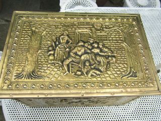 Old Antique Style Embossed Brass Fireside Coal Log Box Medieval Tavern Scenes