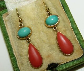 Charming,  Antique Victorian 9 Ct Gold Earrings With Coral And Turquoise