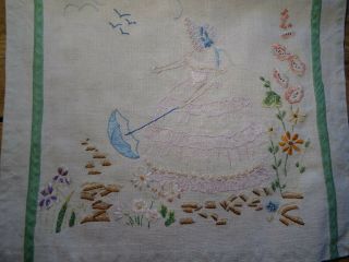 Stunning Vintage Hand Embroidered Linen Panel.  Crinoline Lady In A Garden