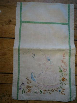 Stunning Vintage Hand Embroidered Linen Panel.  Crinoline Lady in a Garden 2