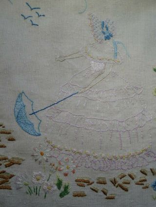 Stunning Vintage Hand Embroidered Linen Panel.  Crinoline Lady in a Garden 3