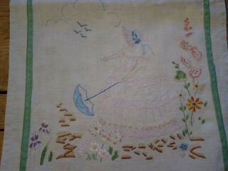 Stunning Vintage Hand Embroidered Linen Panel.  Crinoline Lady in a Garden 5