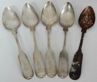 1800’s Five Early American Coin Silver Spoons - “h.  T.  Sawyer,  L.  P.  Coe”
