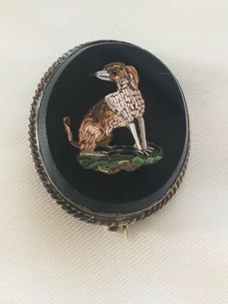 Antique Onyx Micro Mosaic Cavalier King Charles Spaniel Dog Pin C1840