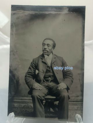 Antique Tintype Photo Black African American Seated Man Suit Watch Chain Aa