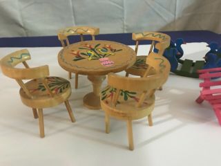 Vintage Hand Painted Wooden Dollhouse Furniture Kitchen Table Chairs Bench Japan 4