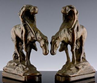 End Of The Trail Native American Indian & Horse Figural Bronzed Metal Bookends