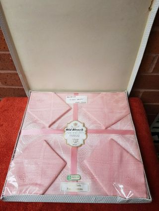 Vintage Old Bleach Irish Linen Tablecloth & Napkins Pink - Box