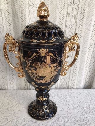 19 " Chinese Porcelain Black And Gold Pierced Urn Vase With Victorian Scene