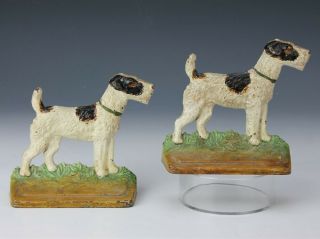 Antique Pair Hubley 294 Cast Iron Airedale Fox Terrier Dog Statue Bookends Rlc