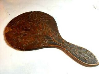 Antique Arts & Crafts Carved Wood Hand Mirror W Foliate Decoration