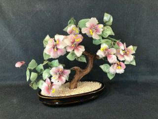 Vintage Asian Bonsai Agate Glass Tree With Jade Colour Leaves (ref Y829)