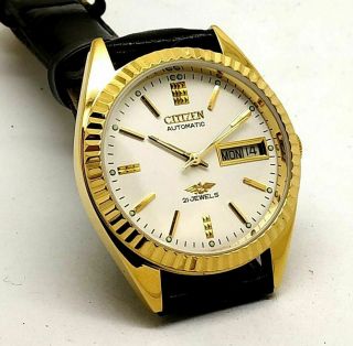 CITIZEN AUTOMATIC MEN,  S GOLD PLATED VINTAGE WHITE DIAL MADE JAPAN WATCH RUN i 6