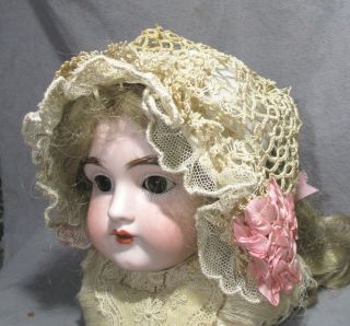 Vintage Doll Hat - Bonnet - Ecru Tatted Lace Over Silk Lining - Lace Ruffle