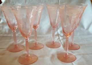 1 - Tiffin Flanders Pink Water Goblet Stem 8.  25” Antique Depression Glass