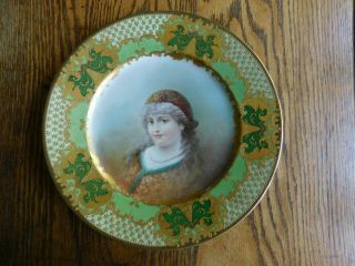 Antique Jpl Pouyat Limoges Hp Portrait Plate Woman Green W/ Gold Encrustation