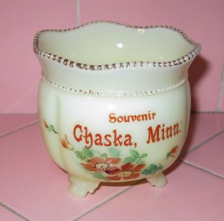 1900s Antique Souvenir Custard Vaseline Glass Vase Chaska Minn.  Gold Trim Glows