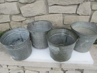 4 Vintage Old Galvanized Water Milking Buckets Planters Pails 2