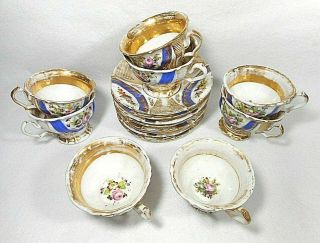 8 Antique English Porcelain Coalport Tea Cups & Saucers Painted Floral Ca.  1825