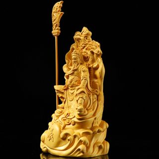 Boxwood Wood Carving Guan Yu Gong Statue Warrior God Handcarved Sculpture Amulet 5