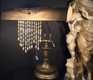 Fine Antique French Art Deco Bronze Desk Or Boudoir Lamp W/ Jewels & Beads 1920