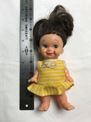 Baby Doll 7 " Small Mini Brunette Brown Hair Jointed Vintage Yellow Dress