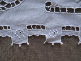 Vintage French Table Runner Hand Embroidered Cutwork White Linen 43x18 