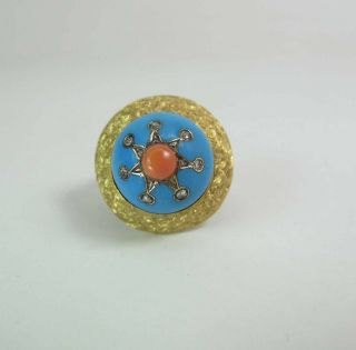 Antique Early Victorian Enameled 14k Gold Coral & Rose Cut Diamond Dome Ring