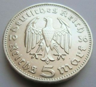 (385) Antique Wwii German 3rd Reich 1936 J 5 Reichsmark Silver Coin