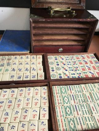 1920s Antique Bone And Bamboo Mahjong Set W/ Trays,  Book