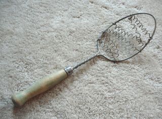 Antique Stretched Spring Wire Wood Handle Whisk Wisk - Primitive Kitchen Utensil