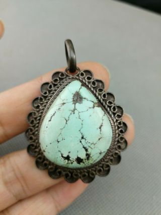 19th/20th Chinese Turquoise Silver Pendant - Marked 925