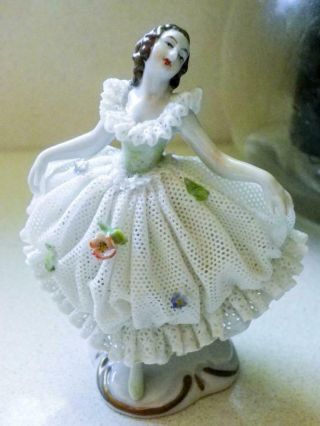 Antique Volkstedt Germany Ballerina In White Lace With Flowers - V20026 8.  5cm