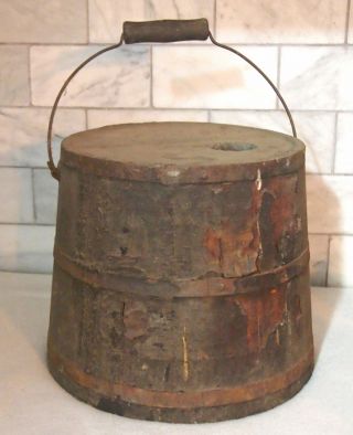 Rare Antique Wooden Firkin Paint Pail Bucket W/ Lid Staves Handle