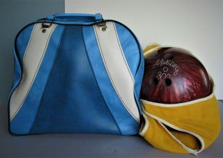 Vintage Retro Red Mustang 300 Bowling Ball With Blue White Carrying Bag Gvc