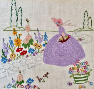 Vintage Crinoline Lady Hand Embroidered Linen Panel