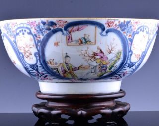 Very Fine 18thc Chinese Qianlong Mandarin Famille Rose Enamel Figural Punch Bowl