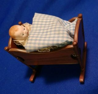 Sonia Messer Antique Baby Cradle Wood Dollhouse Furniture W Ceramic Doll Bedding