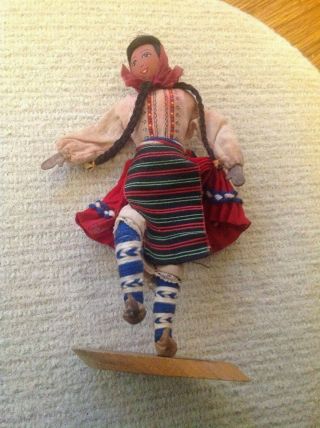 Bulgarie Vintage Small Doll Painted Face Bulgarian Style Dress On Wood Stand
